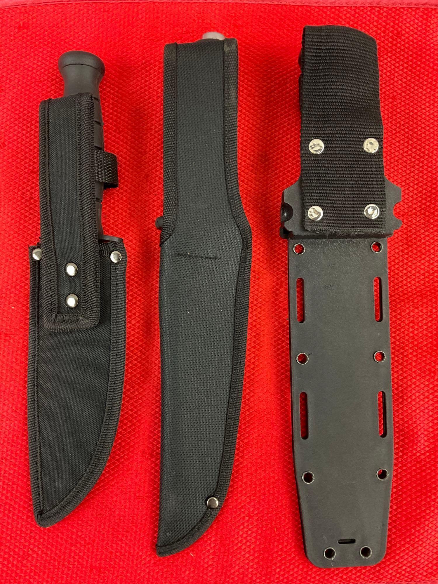 3 pcs Modern Steel Fixed Blade Tactical Knives w/ Sheathes. 1x Survivor, 1x D.O.T.T., 1x Unknown.