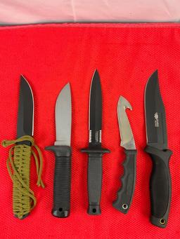 5 pcs Modern Steel Fixed Blade Knife Assortment w/ Sheathes. 1x Takedown, 1x Camillus. See pics.