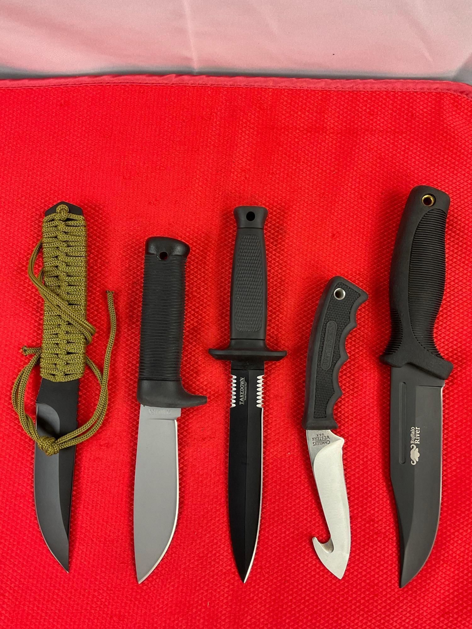 5 pcs Modern Steel Fixed Blade Knife Assortment w/ Sheathes. 1x Takedown, 1x Camillus. See pics.