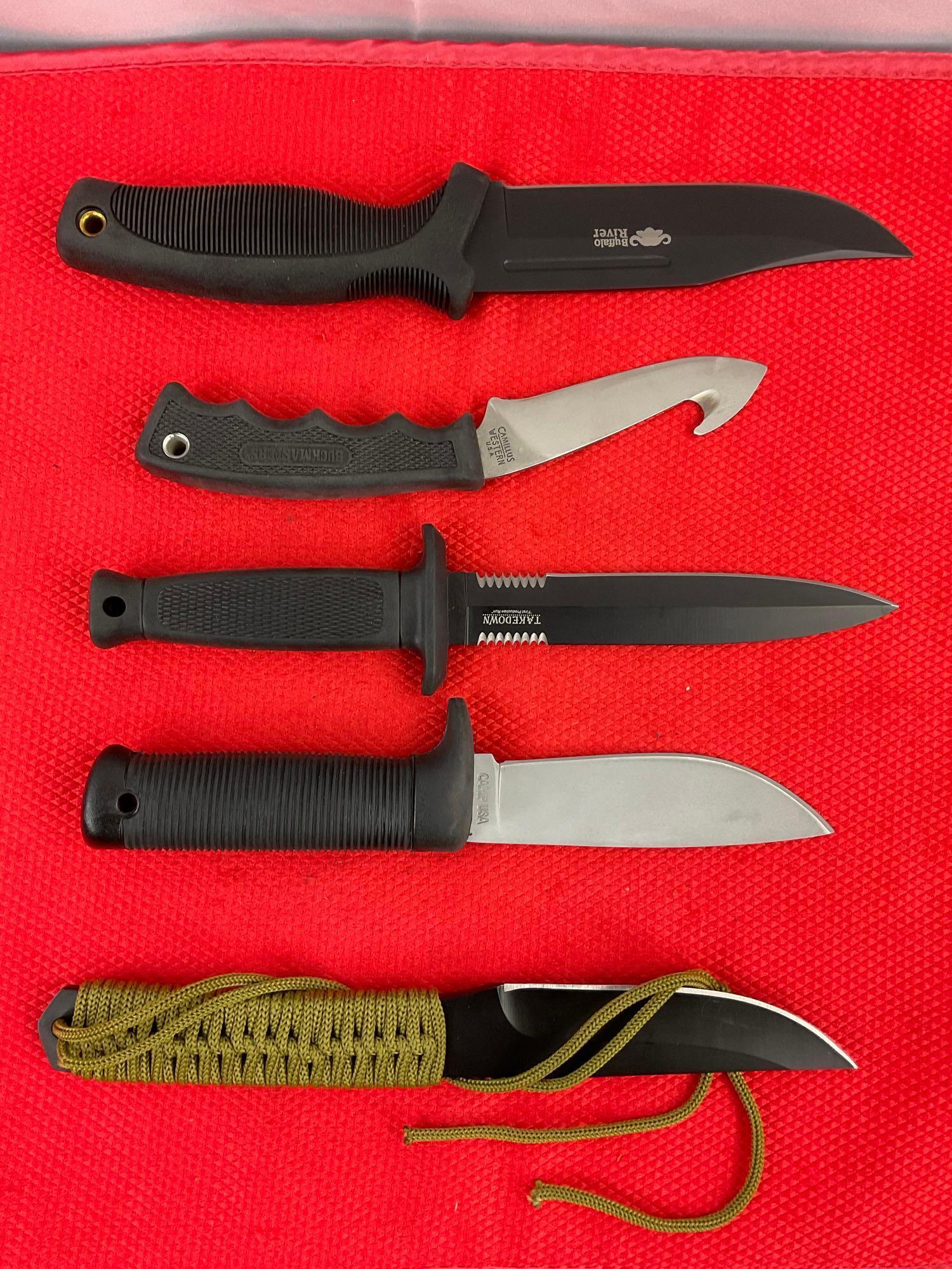 5 pcs Modern Steel Fixed Blade Knife Assortment w/ Sheathes. 1x Takedown, 1x Camillus. See pics.