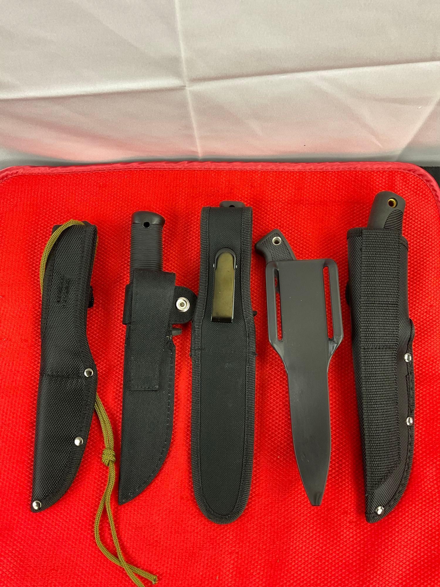 5 pcs Modern Steel Fixed Blade Knife Assortment w/ Sheathes. 1x Takedown, 1x Camillus. See pics.