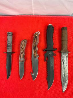 5 pcs Steel Hunting Knives w/ Sheath Assortment. 1x Tiger USA, 2x Hero Edge, 1x ShuangRong. See