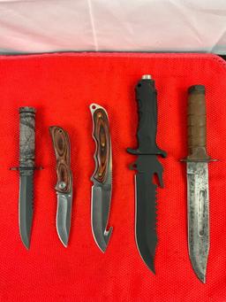 5 pcs Steel Hunting Knives w/ Sheath Assortment. 1x Tiger USA, 2x Hero Edge, 1x ShuangRong. See