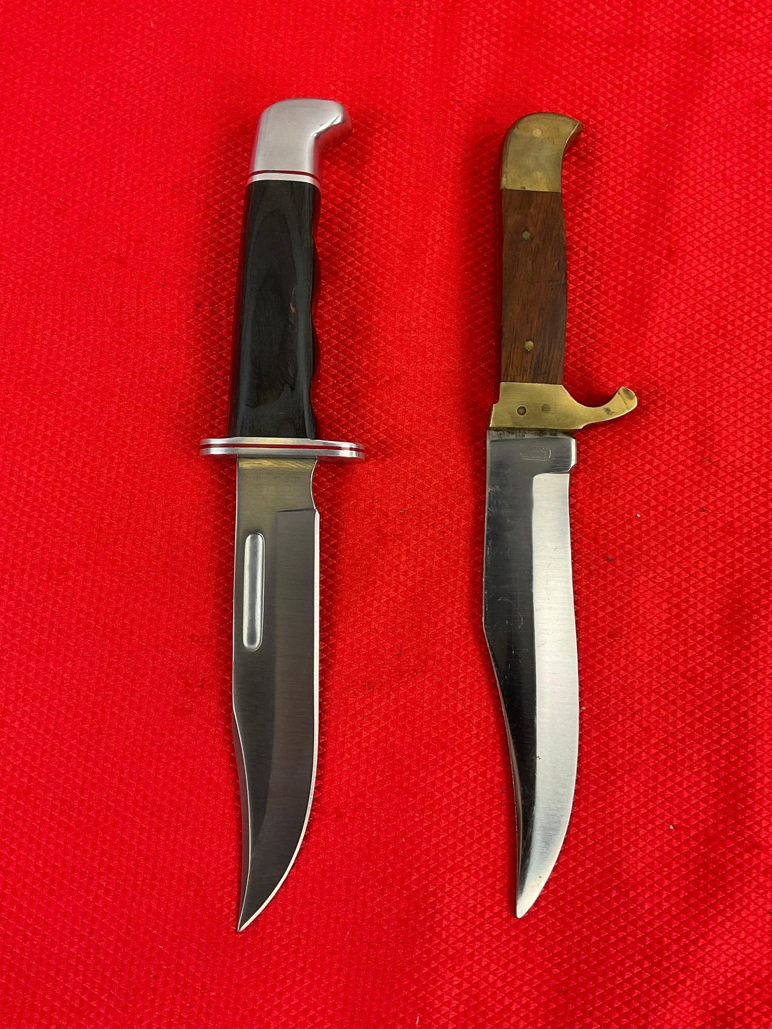 2 pcs 5" Steel Fixed Blade Bowie Knives w/ Sheathes. Unknown Makers & Models. See pics.