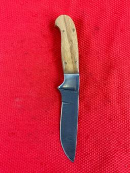 3" Steel Fixed Blade Hunting Knife w/ Wood Handle, Etched Blade & Sheath. Unknown Maker. See pics.