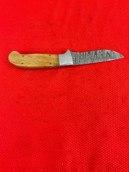 3" Steel Fixed Blade Hunting Knife w/ Wood Handle, Etched Blade & Sheath. Unknown Maker. See pics.