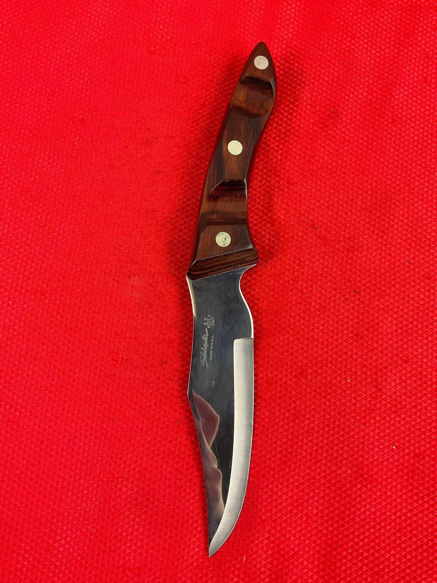 Vintage Saladmaster Cutlery 5-Star 4.5" Steel Fixed Blade Knife w/ Wood Handle & Sheath. See pics.