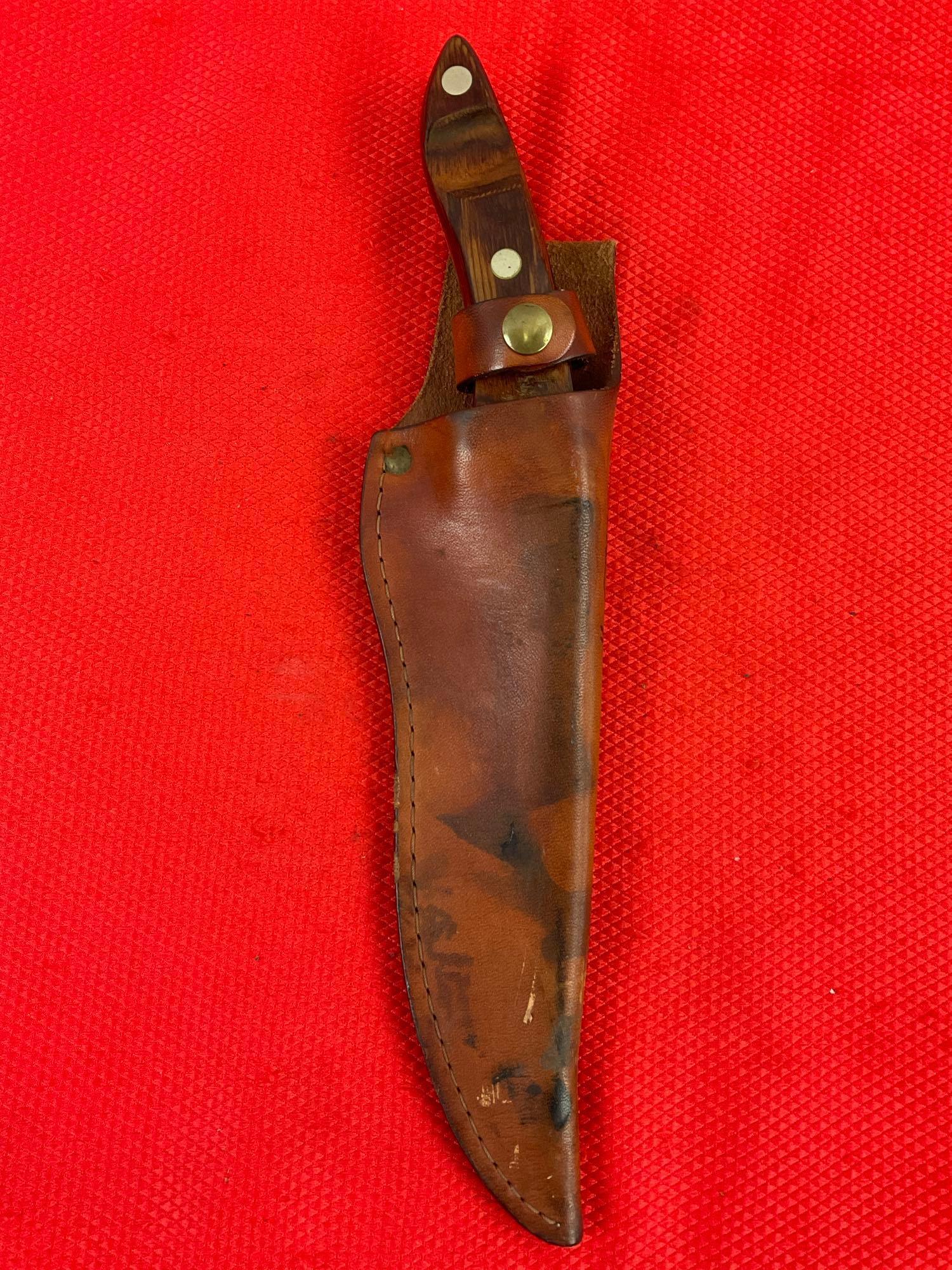 Vintage Saladmaster Cutlery 5-Star 4.5" Steel Fixed Blade Knife w/ Wood Handle & Sheath. See pics.