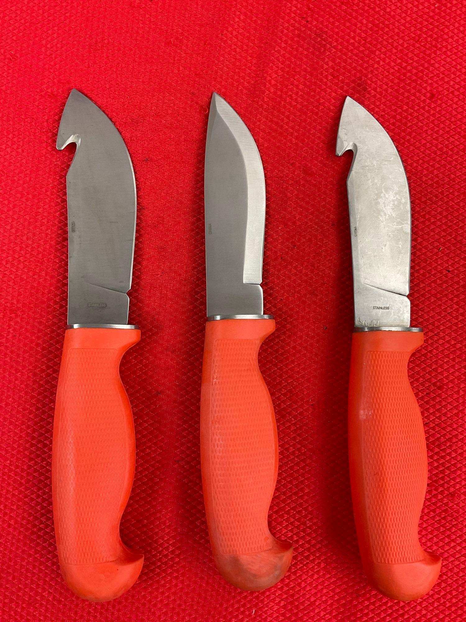 3 pcs Modern Rite Edge Steel Fixed Blade Skinning Knives w/ Orange Handles & Sheathes. See pics.