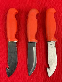 3 pcs Modern Rite Edge Steel Fixed Blade Skinning Knives w/ Orange Handles & Sheathes. See pics.