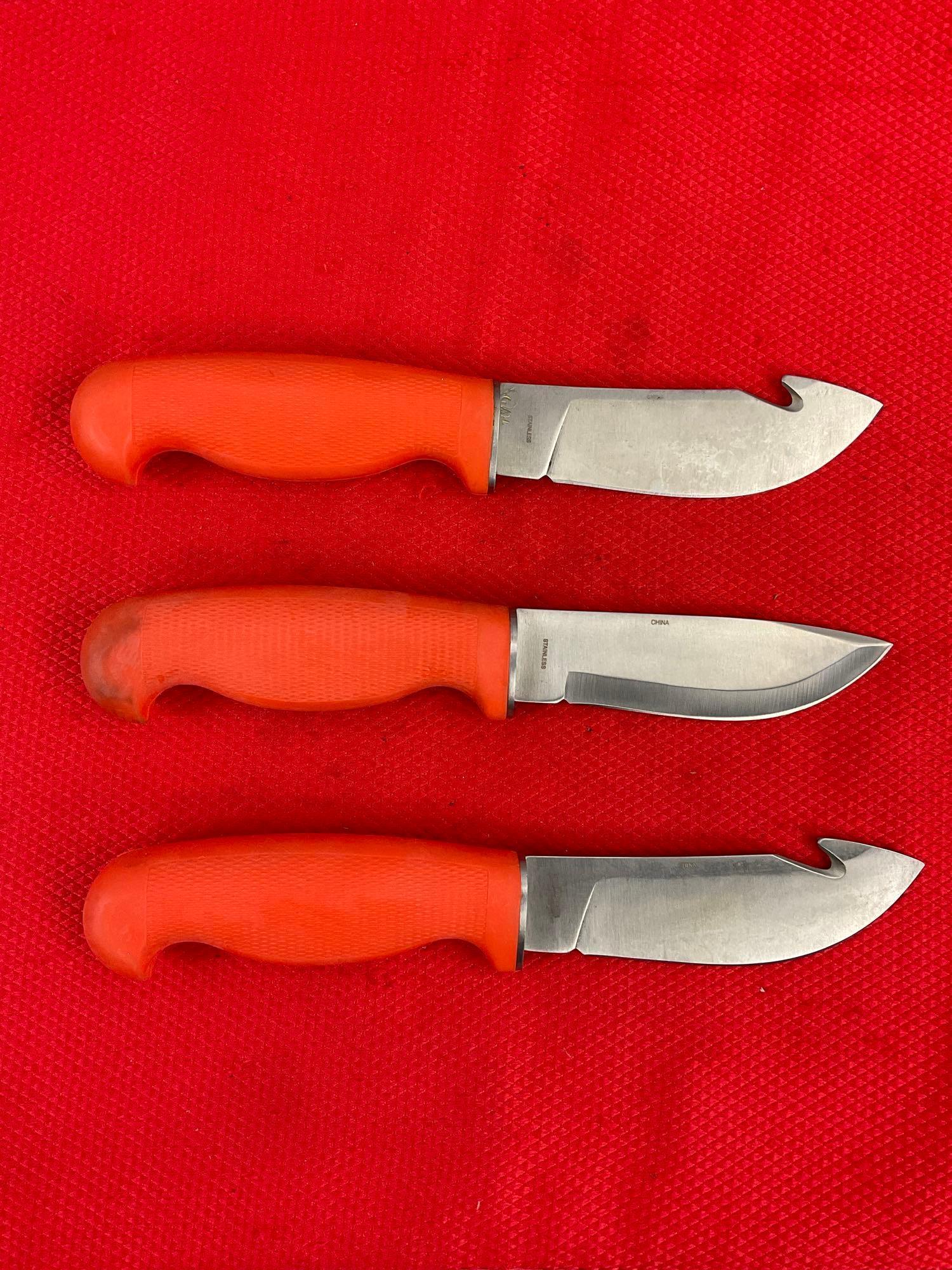 3 pcs Modern Rite Edge Steel Fixed Blade Skinning Knives w/ Orange Handles & Sheathes. See pics.