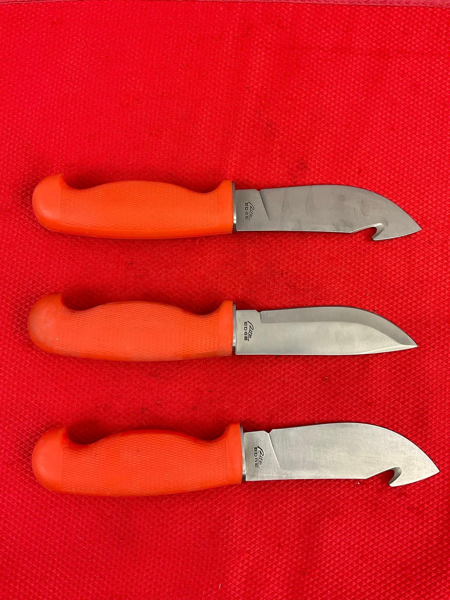 3 pcs Modern Rite Edge Steel Fixed Blade Skinning Knives w/ Orange Handles & Sheathes. See pics.