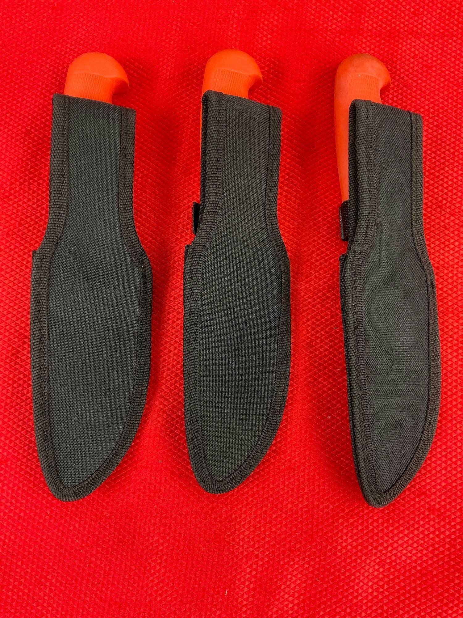 3 pcs Modern Rite Edge Steel Fixed Blade Skinning Knives w/ Orange Handles & Sheathes. See pics.