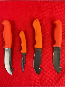 4 pcs Rite Edge Steel Fixed Blade Skinning Knives w/ Orange Handles & Sheathes. See pics.