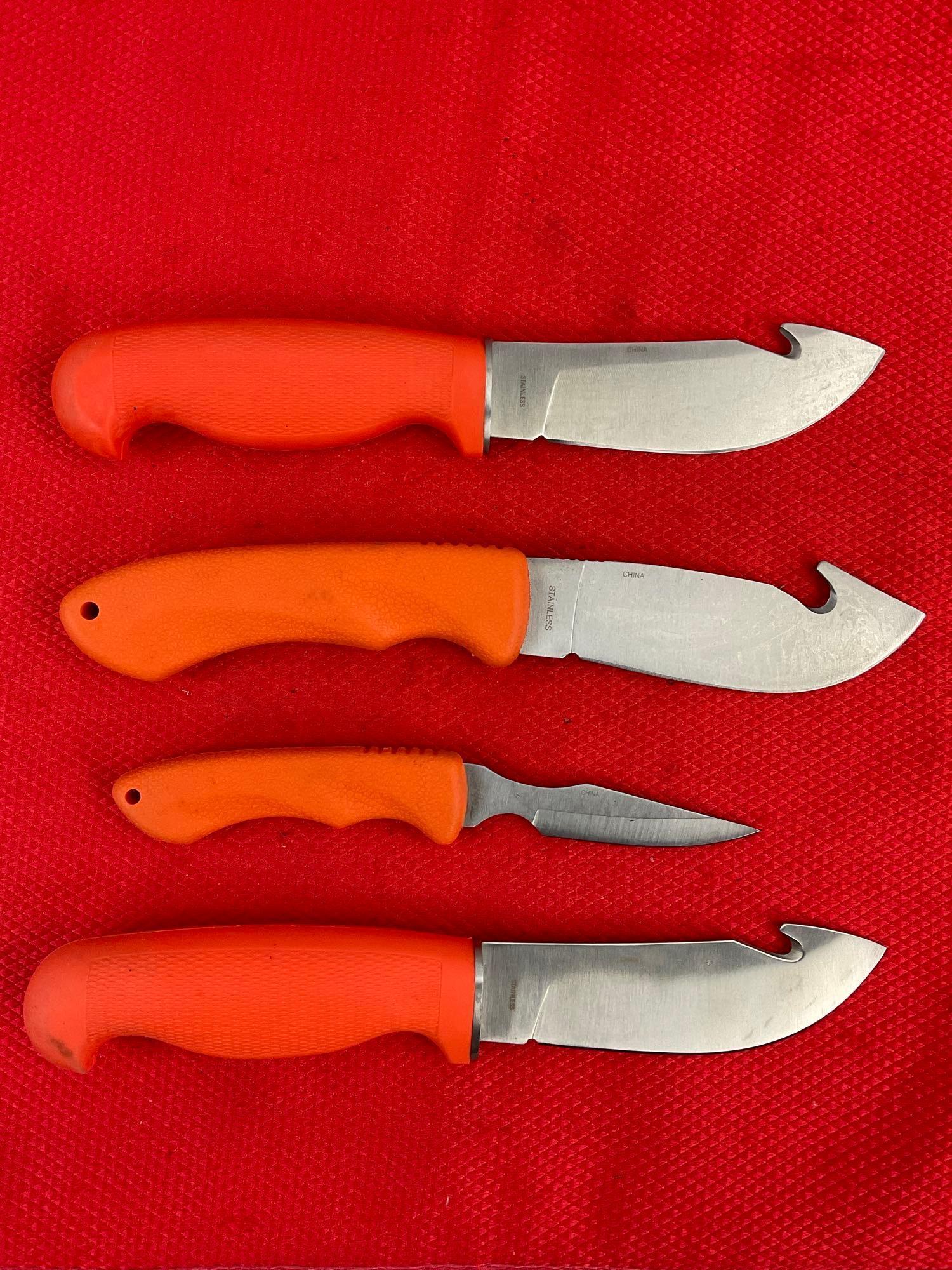 4 pcs Rite Edge Steel Fixed Blade Skinning Knives w/ Orange Handles & Sheathes. See pics.