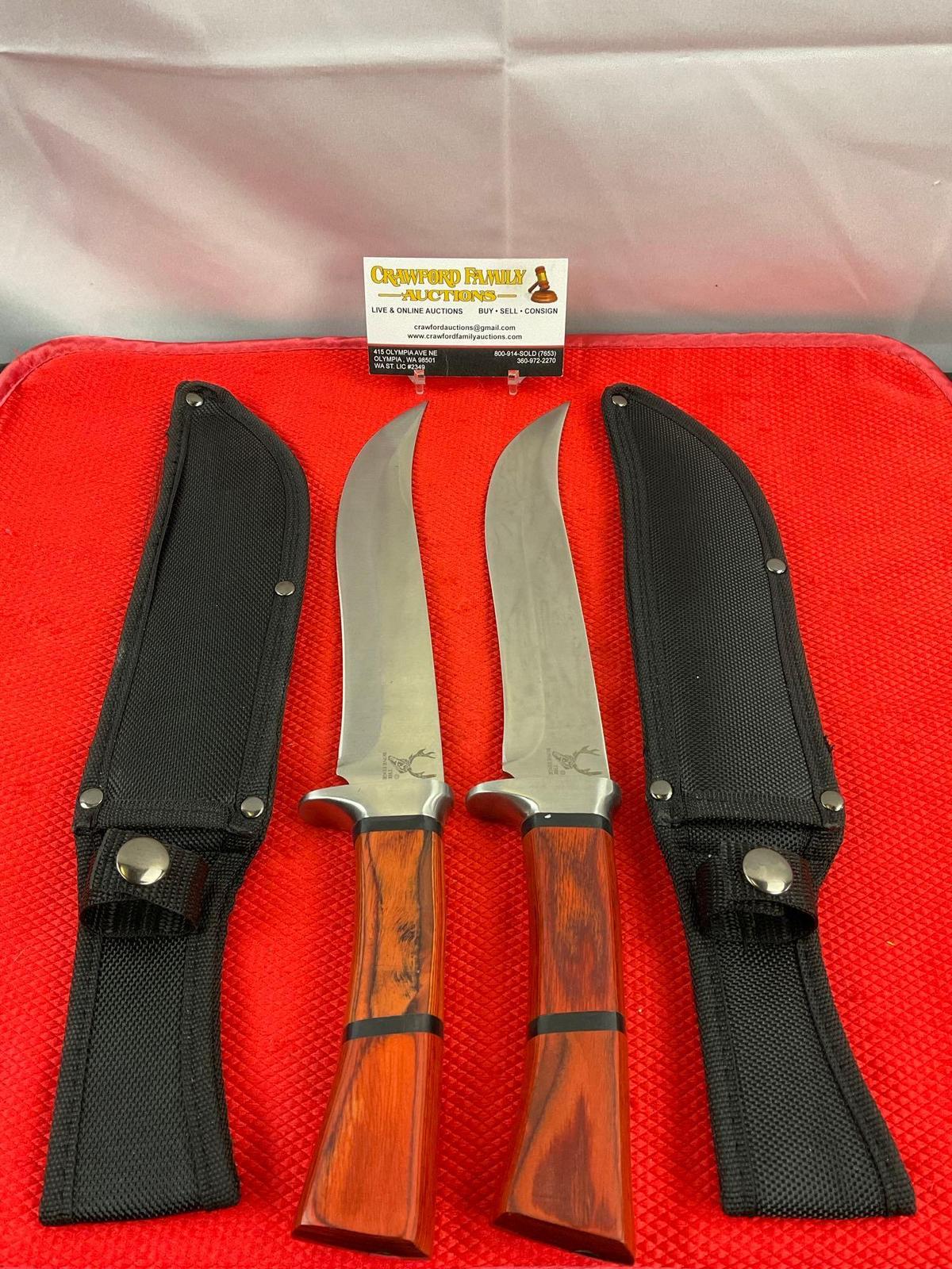 2 pcs The Bone Edge 8" Steel Fixed Blade Bowie Knives w/ Wood Handles & Sheathes. See pics.