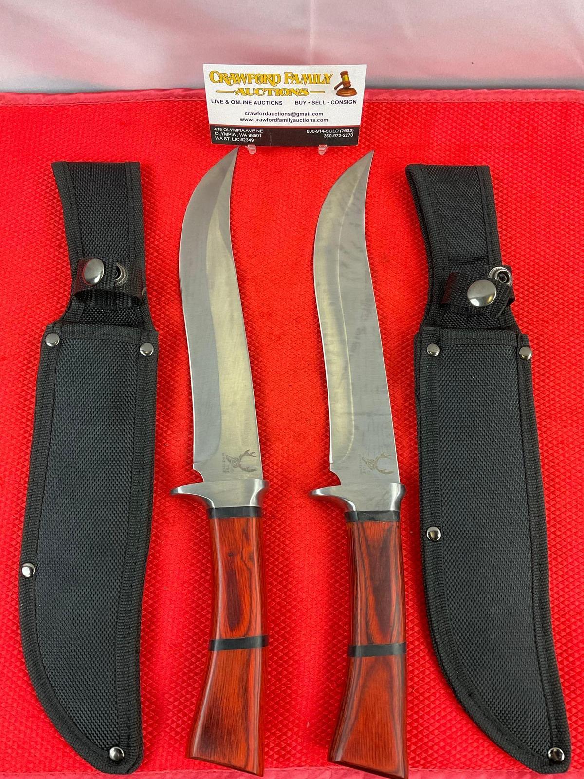 2 pcs The Bone Edge 8" Steel Fixed Blade Bowie Knives w/ Wood Handles & Sheathes. See pics.