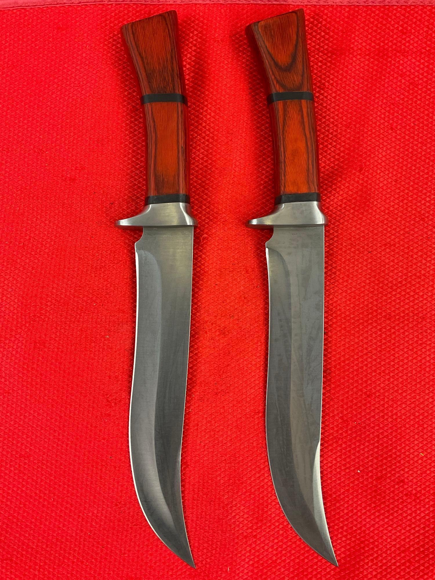 2 pcs The Bone Edge 8" Steel Fixed Blade Bowie Knives w/ Wood Handles & Sheathes. See pics.