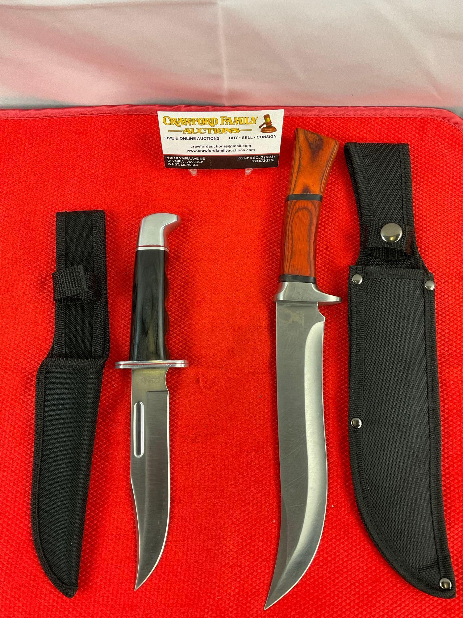 2 pcs Modern Steel Fixed Blade Bowie Knives w/ Wood Handles & Sheathes. 1x The Bone Edge. See pics.