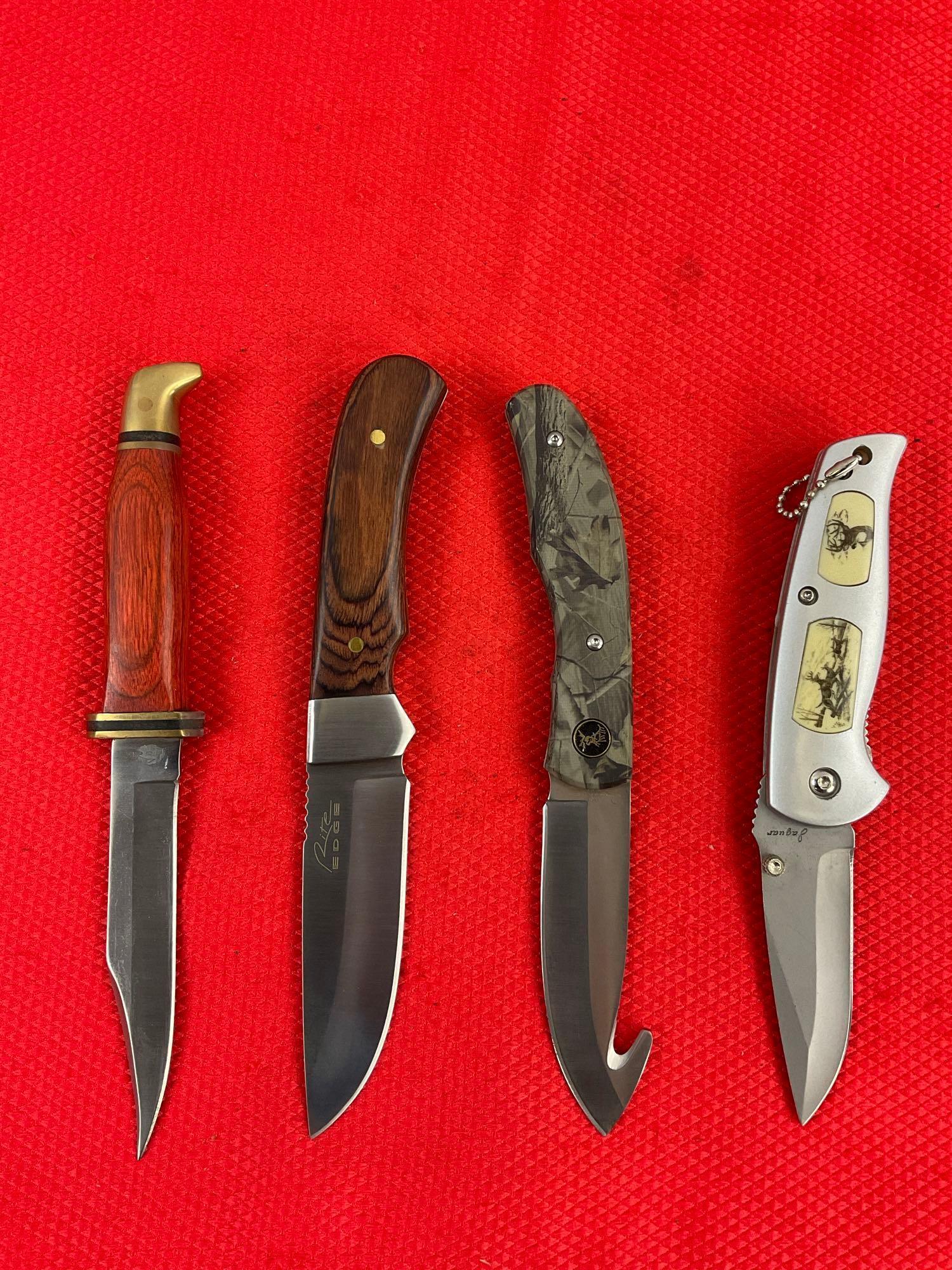 4 pcs Modern Steel Hunting Knife Assortment. 2x Rite Edge, 1x Jaguar, 1x Elk Ridge. See pics.