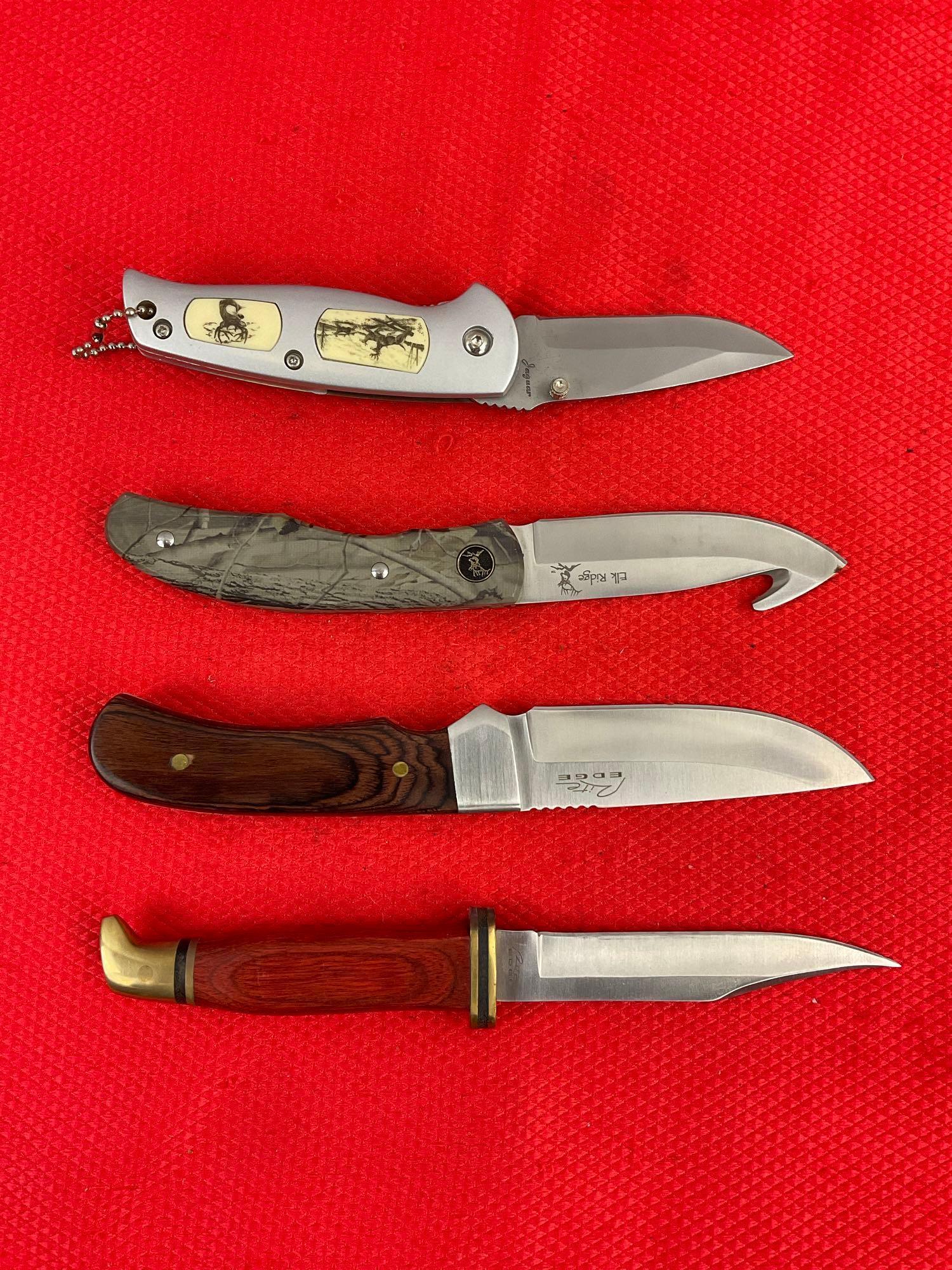 4 pcs Modern Steel Hunting Knife Assortment. 2x Rite Edge, 1x Jaguar, 1x Elk Ridge. See pics.