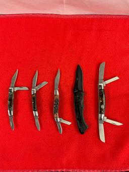 5 pcs Modern Rite Edge Steel Folding Blade Pocket Knives. 2x Stockman. 1x Congress. NIB. See pics.