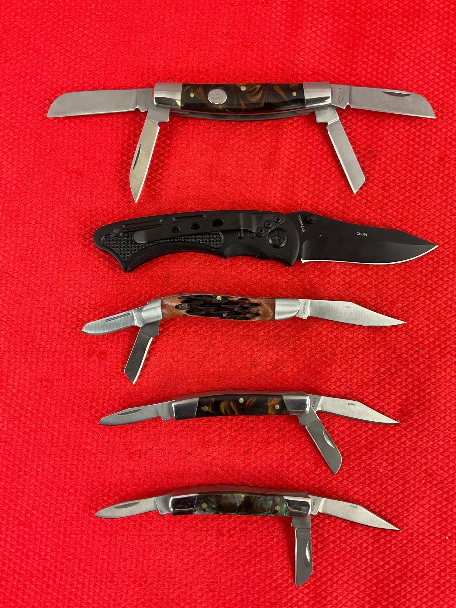 5 pcs Modern Rite Edge Steel Folding Blade Pocket Knives. 2x Stockman. 1x Congress. NIB. See pics.