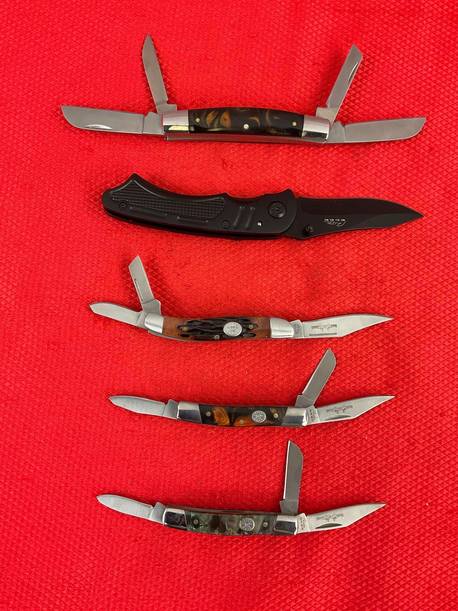 5 pcs Modern Rite Edge Steel Folding Blade Pocket Knives. 2x Stockman. 1x Congress. NIB. See pics.