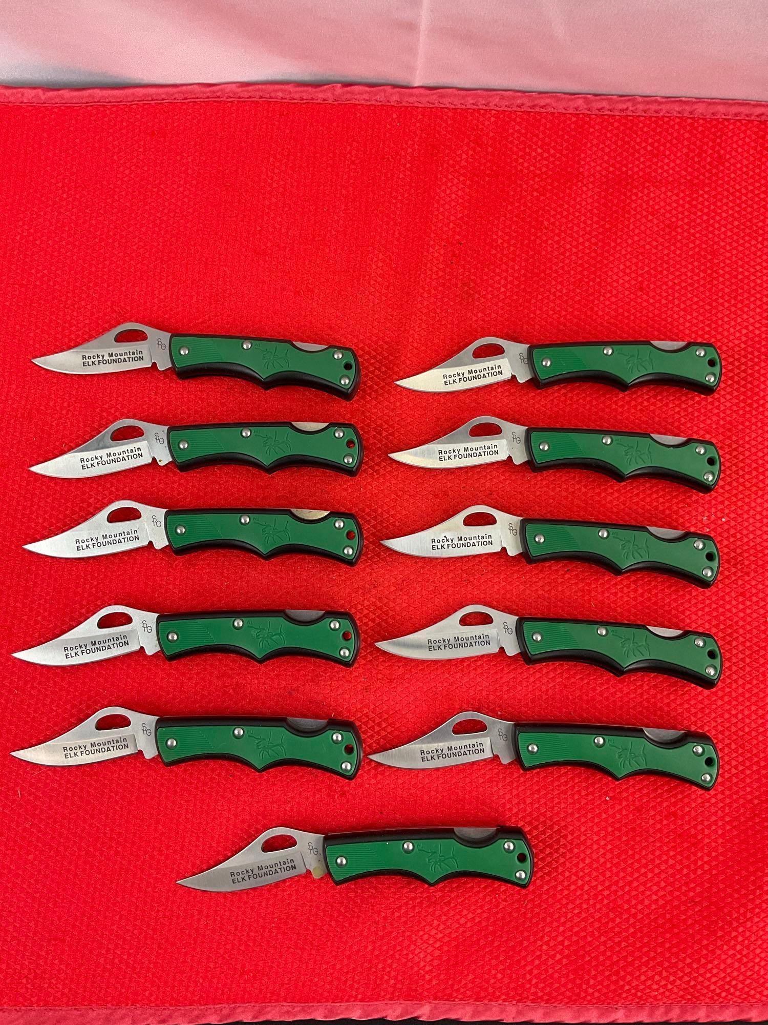 11 pcs Modern SRG 2.25" Steel Folding Blade Pocket Knives. Rocky Mountain Elk Foundation. See pics.