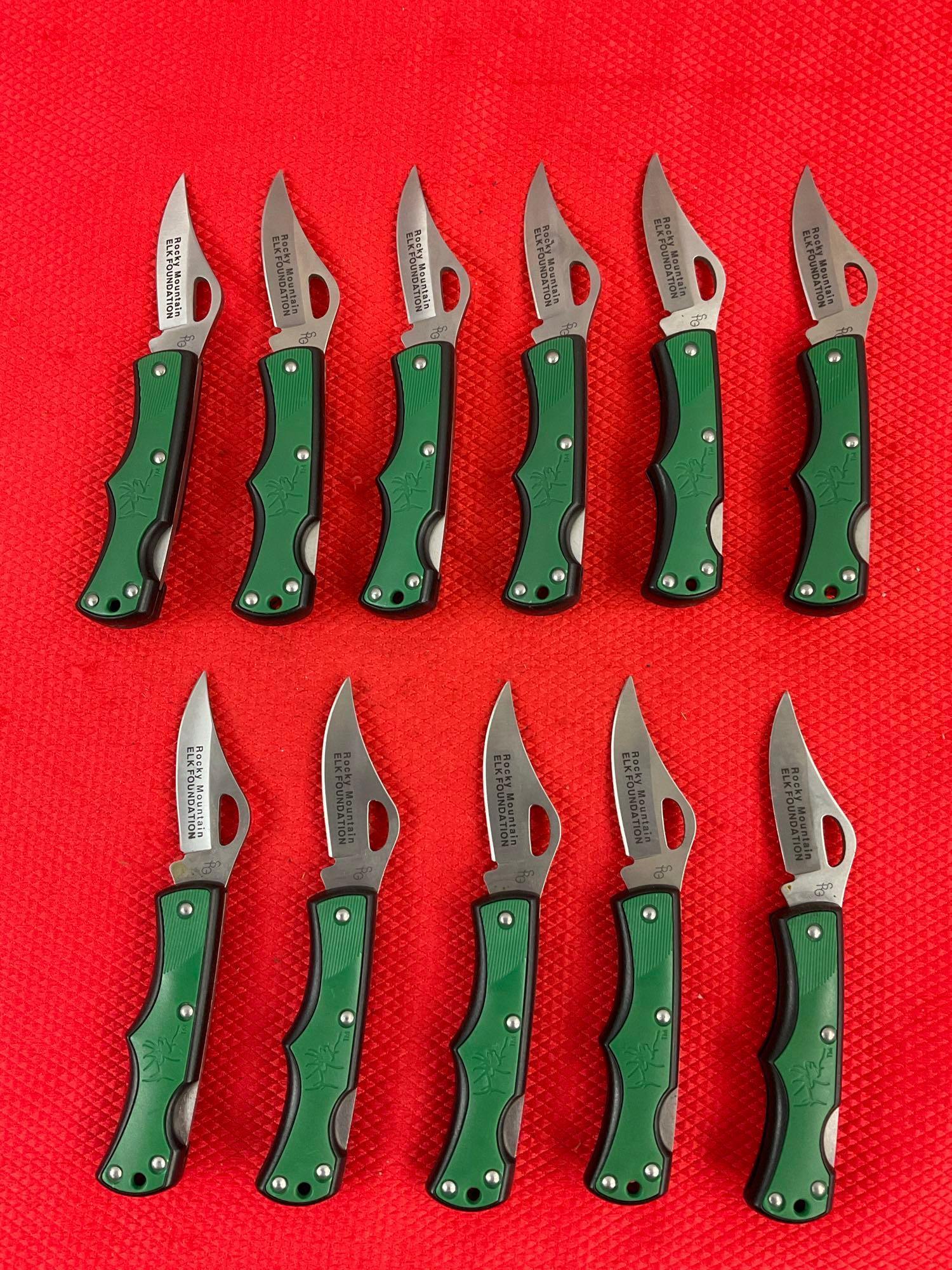 11 pcs Modern SRG 2.25" Steel Folding Blade Pocket Knives. Rocky Mountain Elk Foundation. See pics.