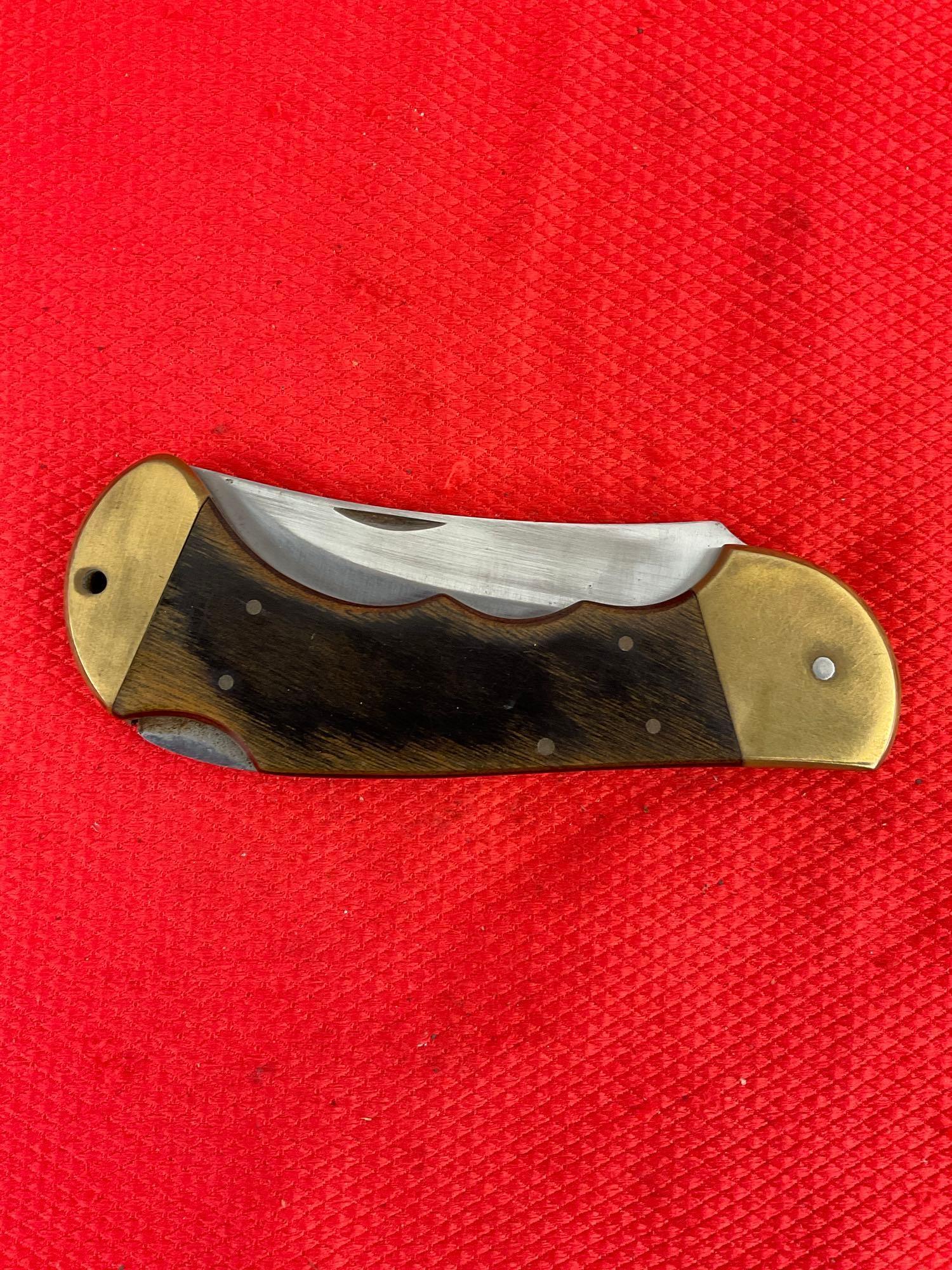 Vintage Bear Hunter 3.5" Solingen 440 Stainless Steel Folding Blade Hunting Knife w/ Sheath. See