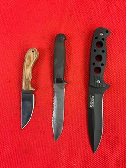 3 pcs Steel Fixed Blade Hunting Knives w/ Sheathes. 1x Sharper USA, 2x Unmarked. See pics.