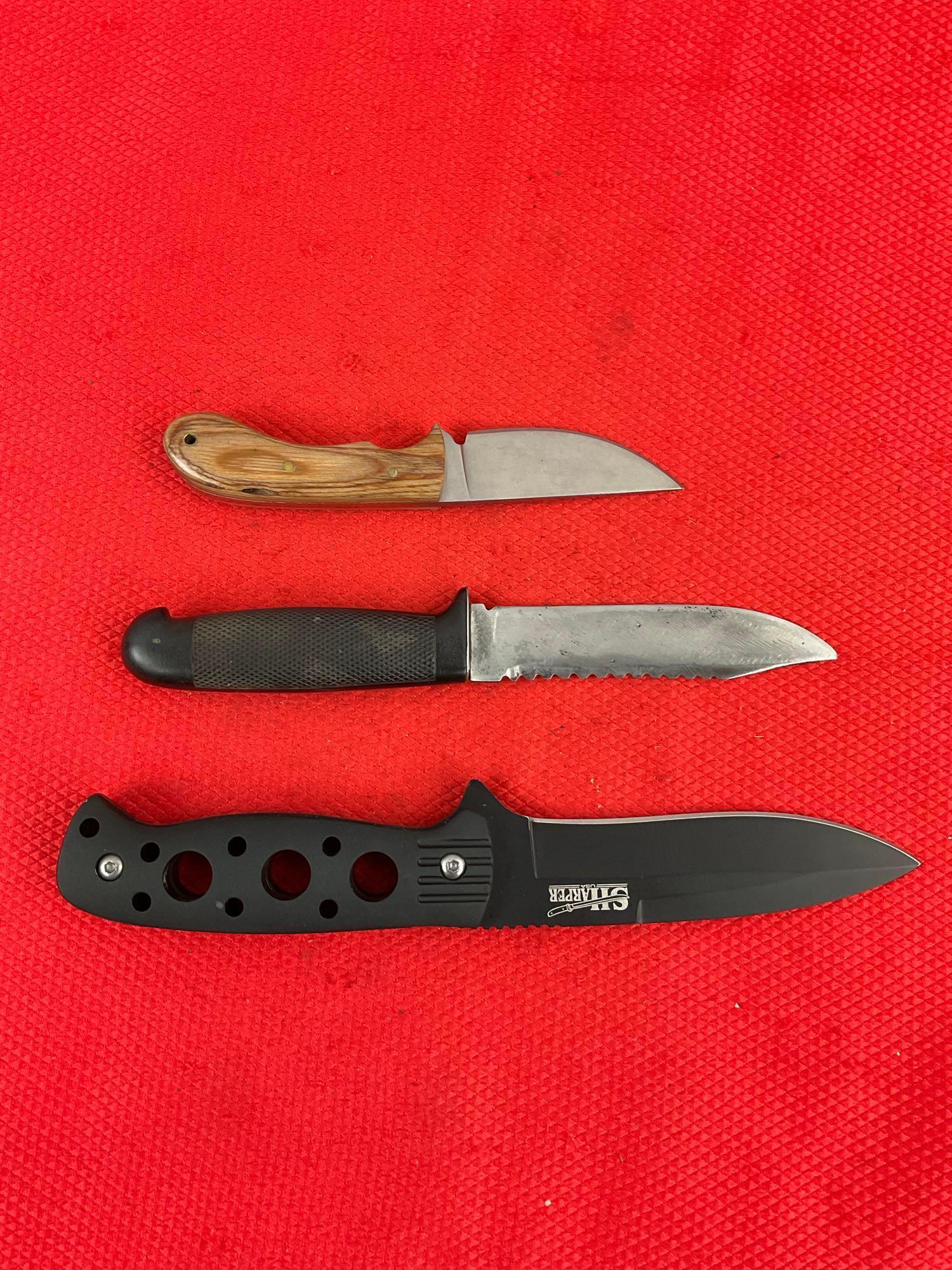 3 pcs Steel Fixed Blade Hunting Knives w/ Sheathes. 1x Sharper USA, 2x Unmarked. See pics.