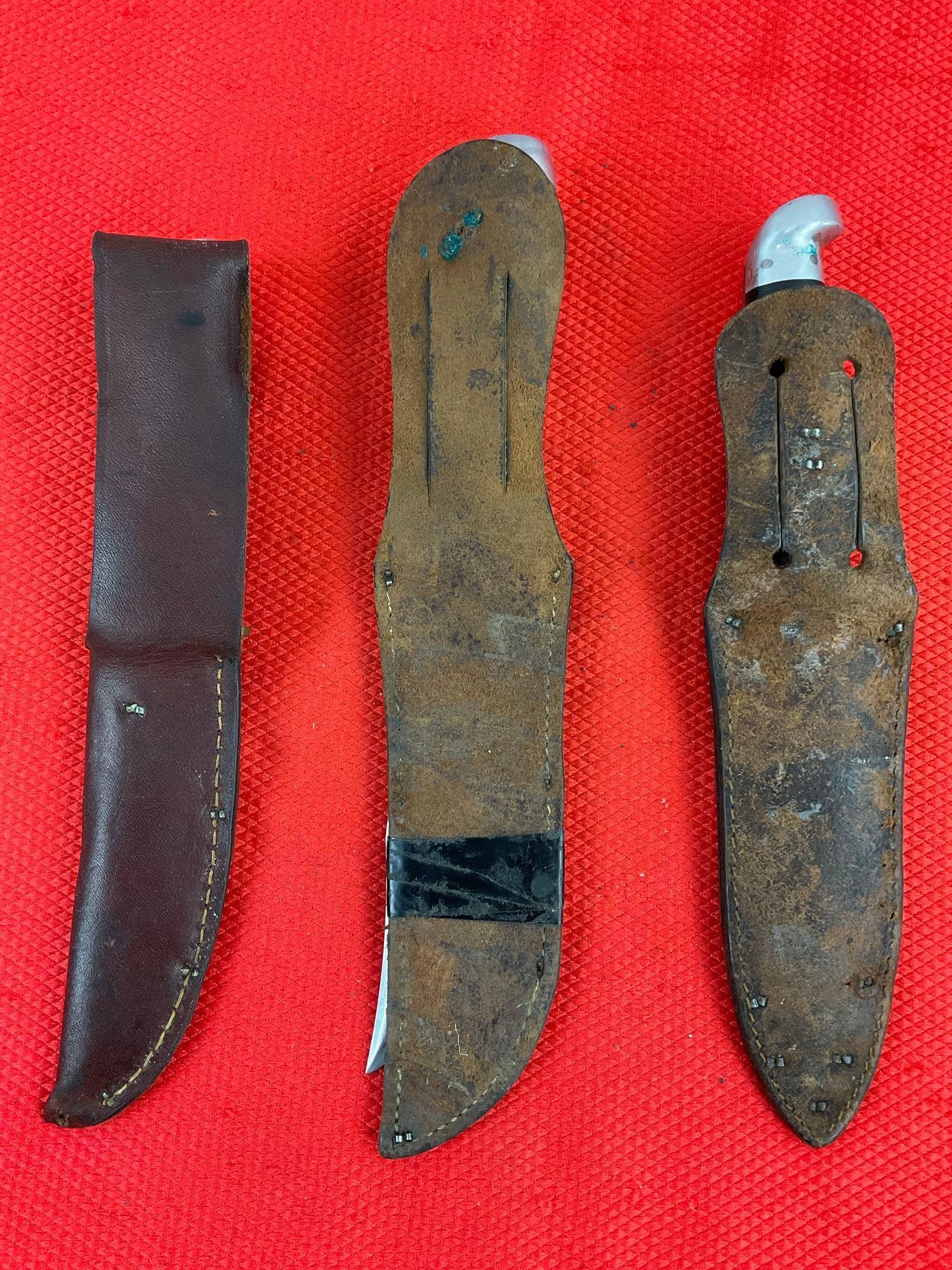 3 pcs Vintage Steel Fixed Blade Hunting Knives w/ Sheathes. 2x Western, 1x West-Cut. See pics.