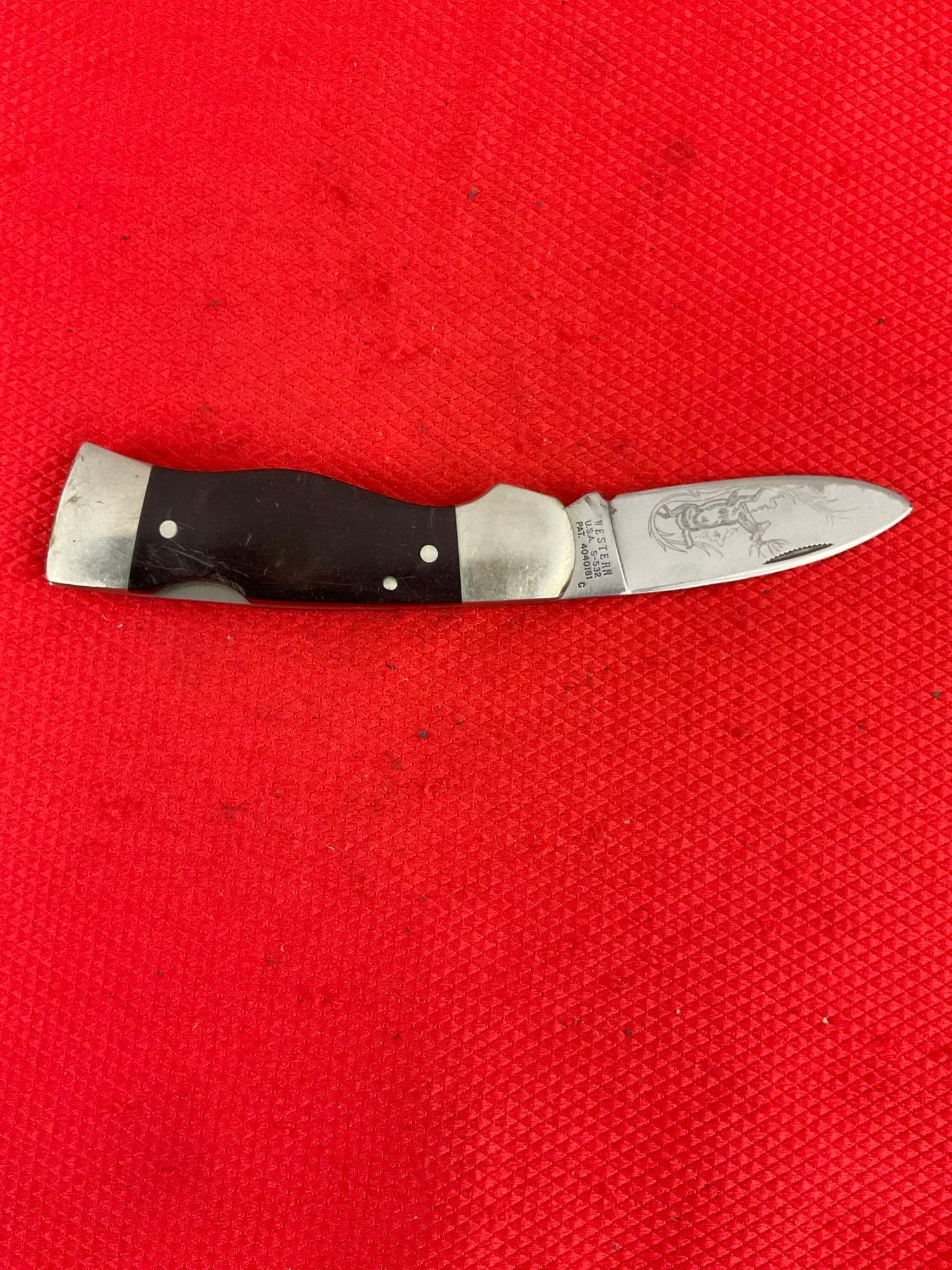 Vintage Western 2.75" Steel Folding Blade Pocket Knife S-532 w/ Etching of Stag & Sheath. See pics.