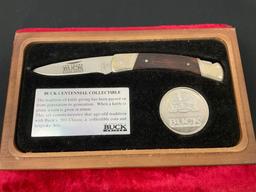 Vintage Buck Centennial Collectible Knife, Coin w/ Custom Wooden Case