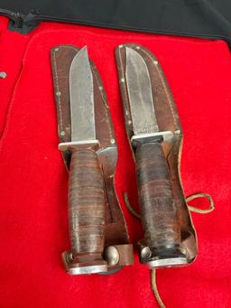 2x Vintage Fixed Blade Craftsman Knives w/ Leather Sheathes - Both Blades Are 5" Long - See pics