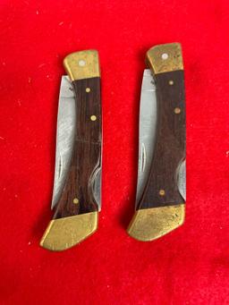 Pair of Vintage Frontier Folding Blade Pocket Knives - Brass & Wood - See pics