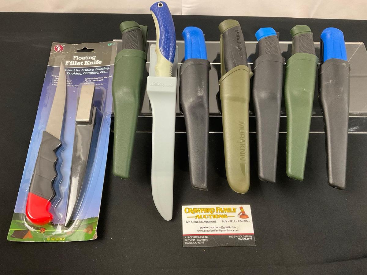 Collection of 8 Fixed Blade Diving Knives w/ Plastic Sheaths, Shakespeare, Promar, Morakniv, Wahoo