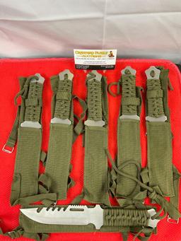 6 pcs Steel 5.5" Fixed Blade Hunting Knives in Army Green Nylon Sheathes. No Hallmarks. See pics.