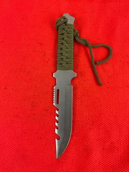 6 pcs Steel 5.5" Fixed Blade Hunting Knives in Army Green Nylon Sheathes. No Hallmarks. See pics.