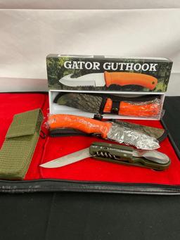 2x NIB Gator Guthook Fixed Blade Hunting Knives & NIB Fury Pocket Multi Tool w/ Blade & Cutlery