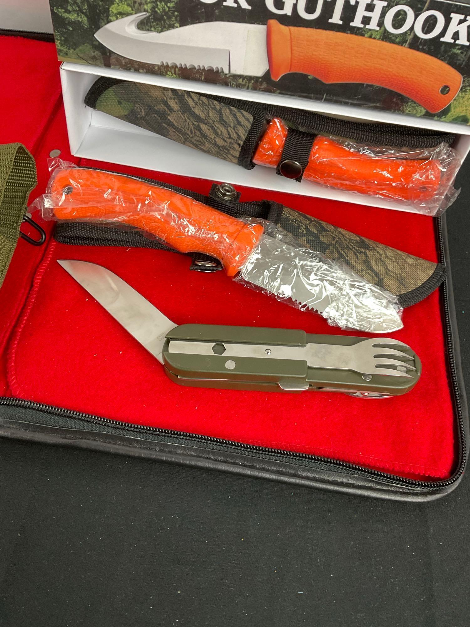 2x NIB Gator Guthook Fixed Blade Hunting Knives & NIB Fury Pocket Multi Tool w/ Blade & Cutlery