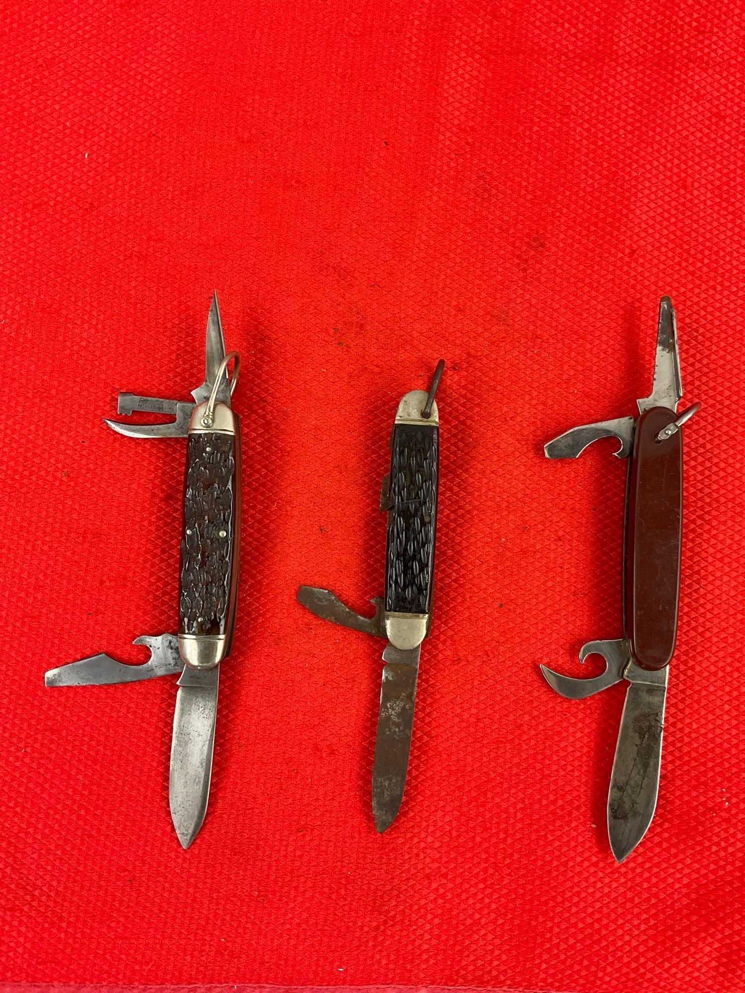 3 pcs Vintage Folding 4-Blade Utility Boy Scout Knives, 1x Remington, 1x Camillus, 1x Imperial. As