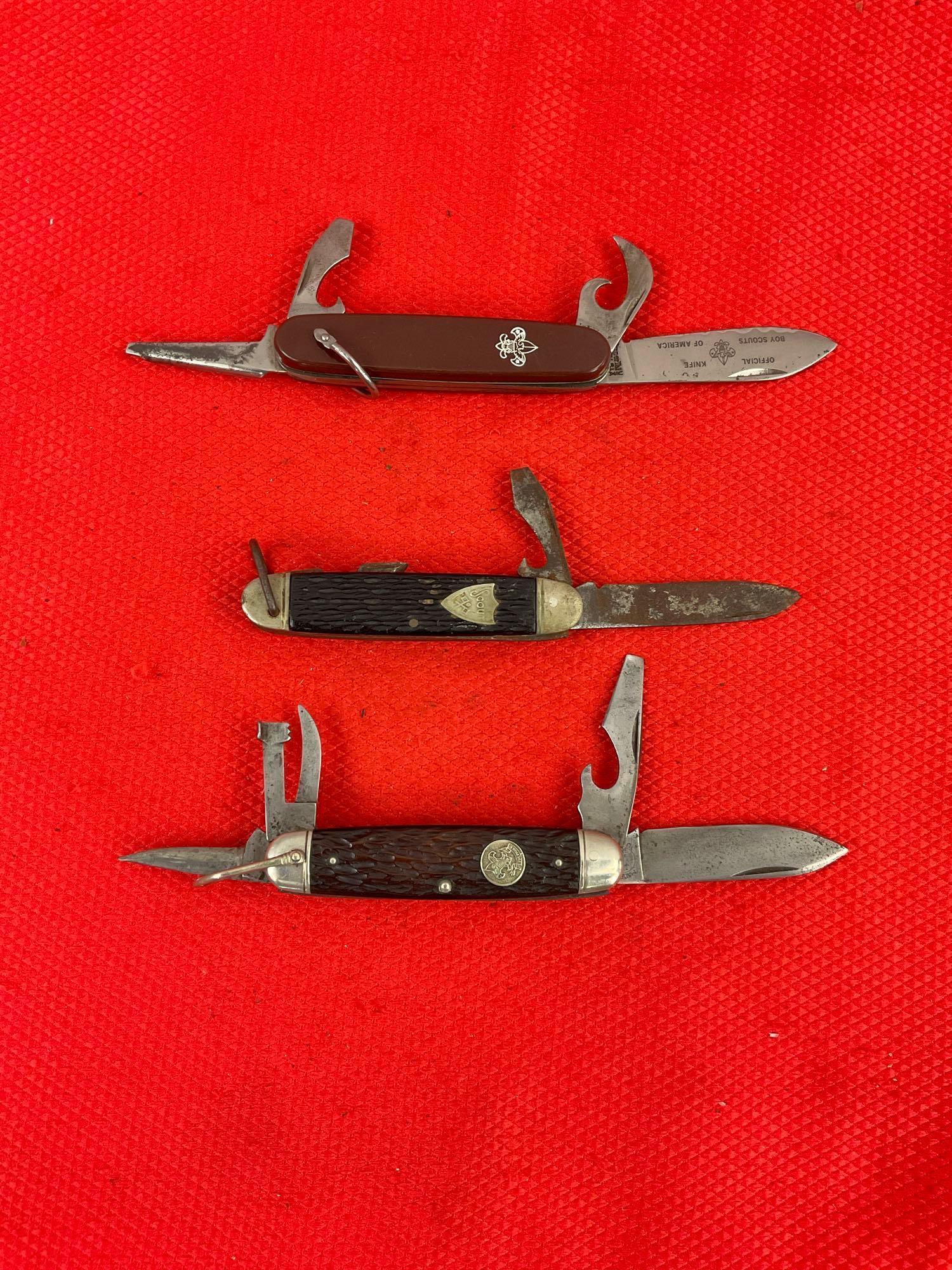 3 pcs Vintage Folding 4-Blade Utility Boy Scout Knives, 1x Remington, 1x Camillus, 1x Imperial. As