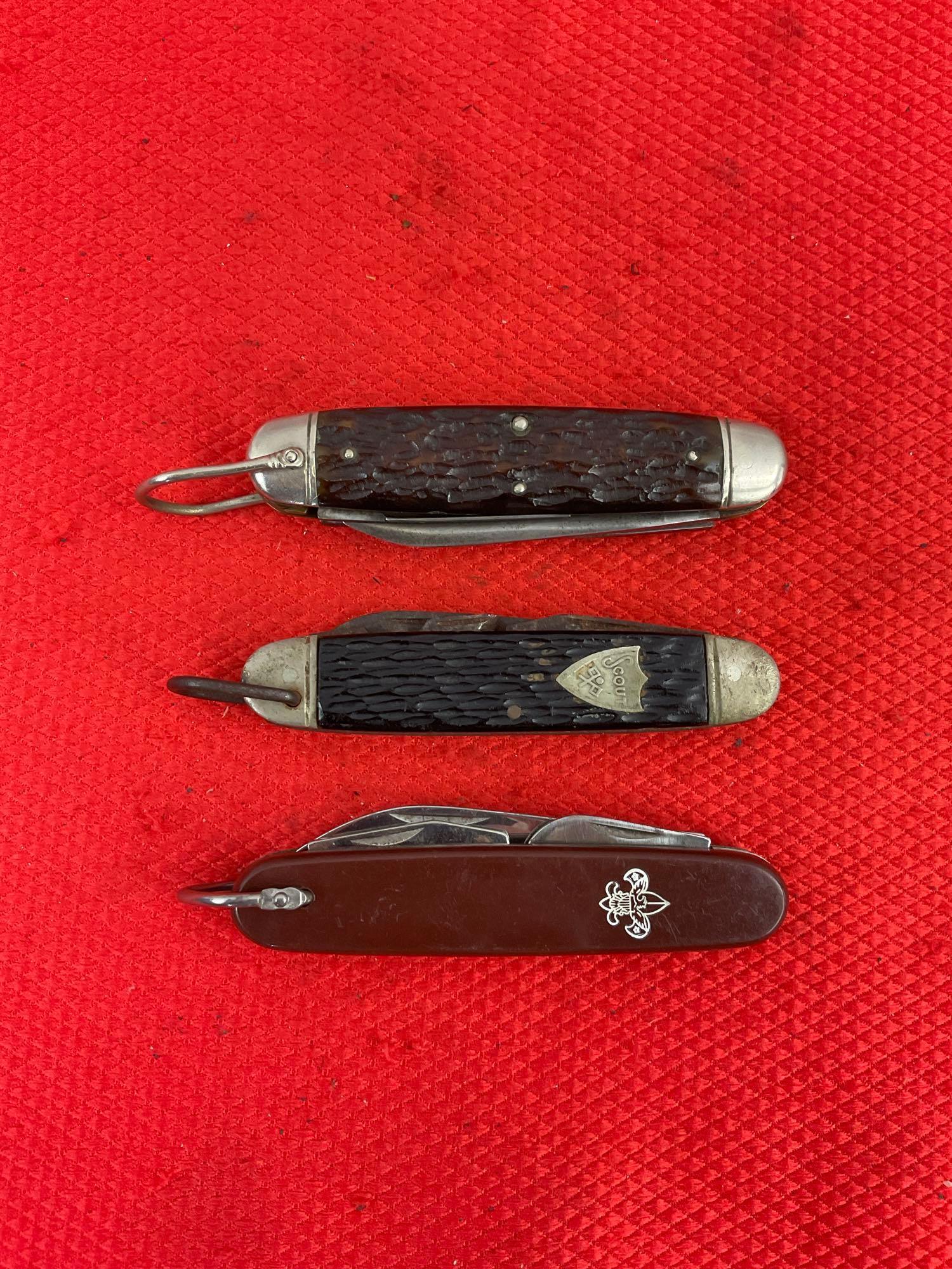 3 pcs Vintage Folding 4-Blade Utility Boy Scout Knives, 1x Remington, 1x Camillus, 1x Imperial. As