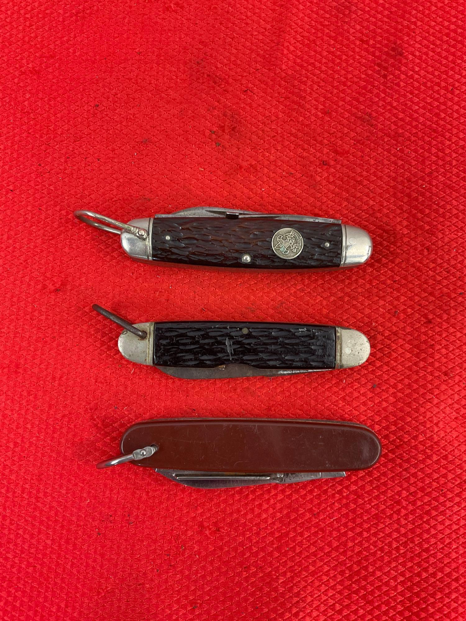 3 pcs Vintage Folding 4-Blade Utility Boy Scout Knives, 1x Remington, 1x Camillus, 1x Imperial. As