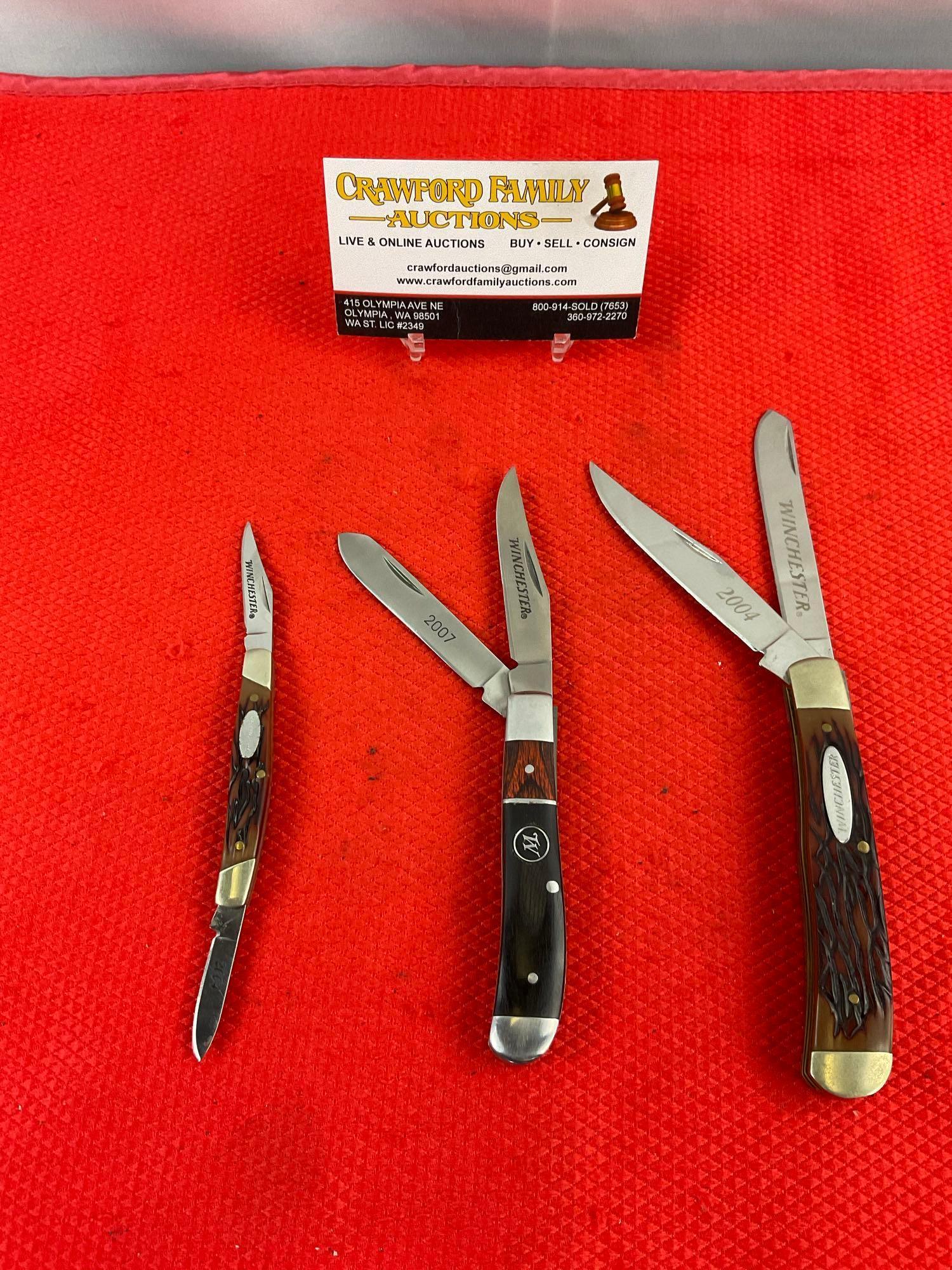 3 pcs Modern Winchester Collectible Steel 2-Blade Folding Pocket Knives, Years 2004 & 2007. See