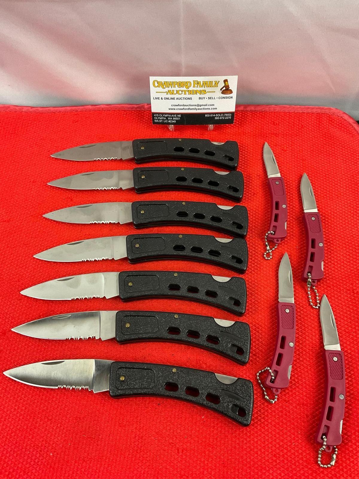 11 pcs Modern Steel Folding Blade Pocket Hunting Knives. Unknown Makers, Unknown Models. See pics.