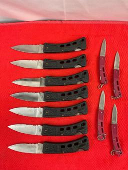 11 pcs Modern Steel Folding Blade Pocket Hunting Knives. Unknown Makers, Unknown Models. See pics.